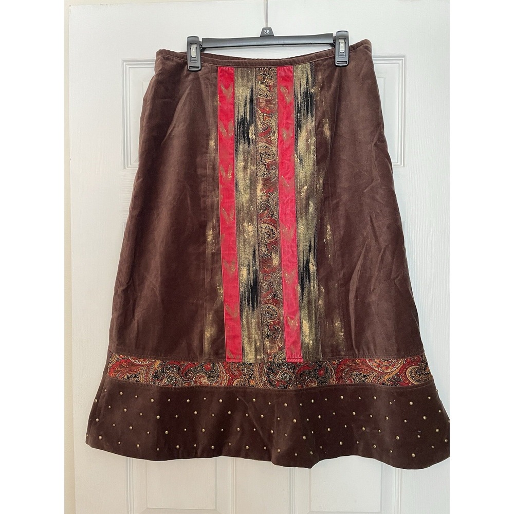 Spanner‎ Womens Midi Skirt Size 10 Brown Red Rhinestone Trim Hippie Old Money